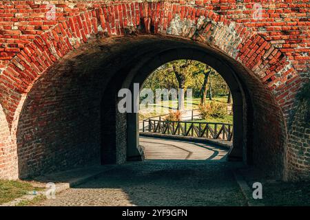 Tunnel passageway with bridge on Petrovaradin fortress in Novi Sad, Serbia. Selective focus. Stock Photo