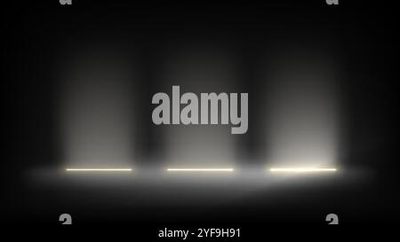Studio interior, stage with neon, led lighting. Dark background, backdrop for mounting, product placement. Modern black interior with light. Design Stock Vector