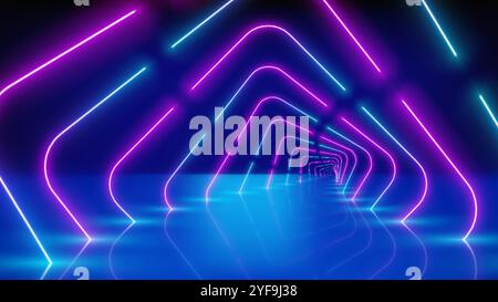 Glowing neon lines, tunnel, led arcade, stage. Abstract technology background, virtual reality. Pink blue purple corridor neon square arch perspective Stock Vector