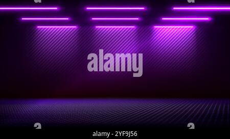 Studio interior with carbon fiber texture. Modern carbon fiber textured pink purple black interior with light. Background for mounting, product Stock Vector