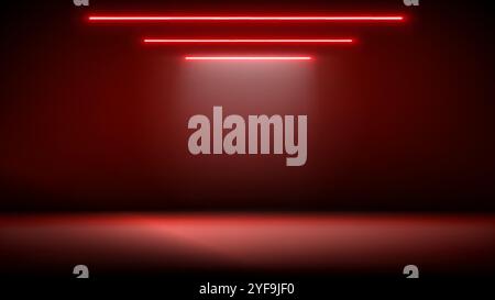 Studio interior, stage with neon, led lighting. Background, backdrop for mounting, product placement. Modern red black interior with light. Design Stock Vector