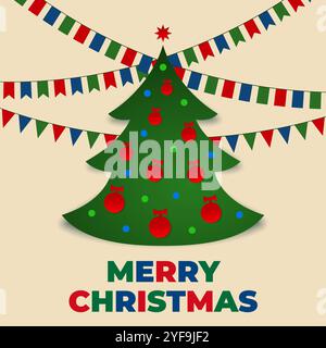Merry christmas greeting card, poster, banner. Christmas tree, garland, balls. Creative design for postcard, invitation, greeting card, wallpaper. Par Stock Vector