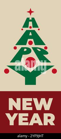 Happy new year wallpaper, greeting card, poster. Christmas tree, balls. Simple flat design banner, invitation, greeting card, wallpaper. Party event Stock Vector
