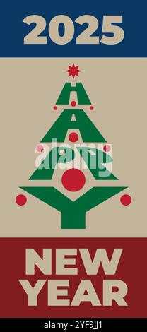 Happy new year 2025 wallpaper, greeting card, poster. Christmas tree, balls. Simple flat design for banner, invitation, greeting card wallpaper. Party Stock Vector