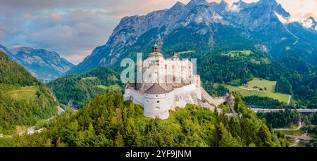 Aerial View Hohenwerfen Castle and Fortress in Werfen, Austria, Showcasing Beauty of History and Nature from Above Stock Photo