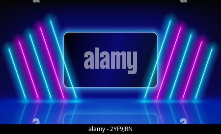 Glowing neon, LED lines and screen on stage. Background, backdrop for displaying products. Abstract technology background. Pink blue purple neon stage Stock Vector