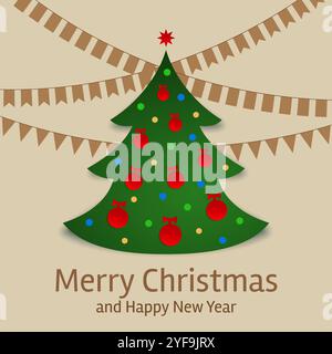 Merry christmas and happy new year greeting card, banner. Christmas tree, balls. Creative design for postcard, invitation, greeting card, wallpaper Stock Vector