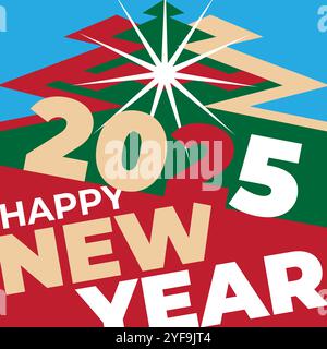 Happy new year 2025 wallpaper, greeting card, poster. Christmas tree, star. Simple flat design for banner, invitation, greeting card, wallpaper. Party Stock Vector