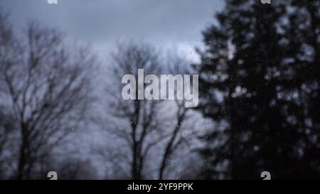 Raindrops adorn a window pane, blurring the silhouettes of leafless trees against a dark, stormy sky, capturing a disturbing moment during a stormy, c Stock Photo