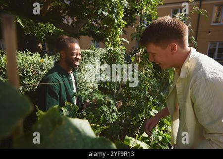 Cheerful male friends standing amidst plants in park Stock Photo