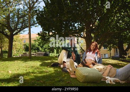 Group of cheerful young friends talking while resting in park Stock Photo