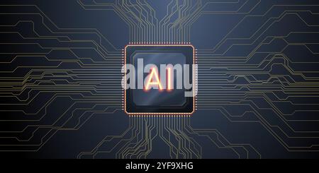 AI semiconductor with neon yellow artificial intelligence logo Stock Vector