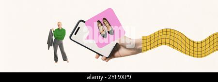 Woman getting commercial proposal. Hand with large smartphone featuring high heels. E-commerce, fashion retail, modern online shopping. Contemporary Stock Photo