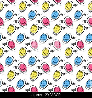 Stylized butterflies with spots in trendy marker colors blue, yellow and pink Seamless pattern idea. Isolated Vector illustration Wrapping or web promo backdrop, cards poster, banner, greeting, label Stock Vector