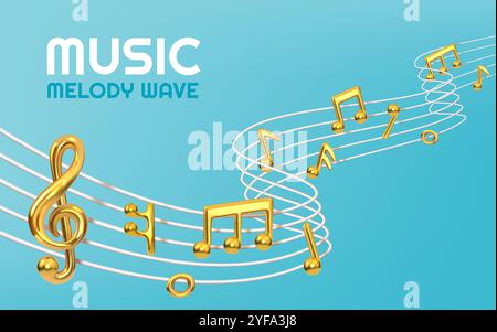 Music background. Song notes. Melody sound or guitar sing. Musical wave symbols. Piano acoustic and media speaker. Golden contest sign. Glossy metalli Stock Vector