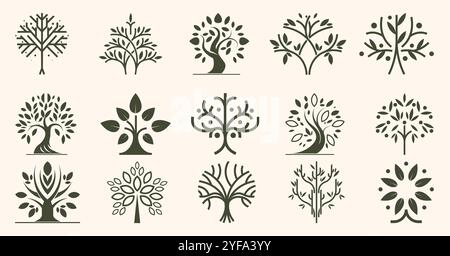 Tree logo. Oak wood icon. Modern forest park of nature green leaf. Environment emblem. Eco fir branch. Lumber trunk symbol. Silhouette botanical eleme Stock Vector