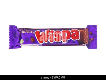 LONDON, UK - NOVEMBER 01, 2024: Cadbury Wispa creamy bubble milk whole chocolate bar on white. Stock Photo