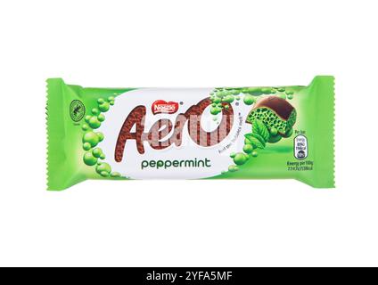 LONDON, UK - NOVEMBER  01, 2024: Aero peppermint chocolate bar on white isolated background.Feel the bubbles melt.. Stock Photo