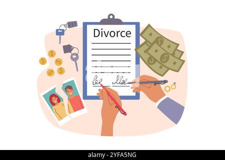 Signing divorce document and agreement on division of property by hands of ex-husband and wife Stock Vector
