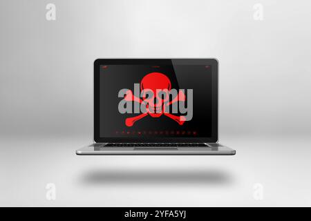 Laptop with a pirate symbol on screen. Hacking and virus concept. 3D illustration isolated on white background Stock Photo