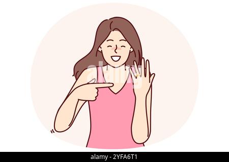 Happy bride with wedding ring shows off gift from groom and rejoices at proposal to get married. Woman with smile demonstrates wedding ring on finger for concept of successful marriage Stock Vector