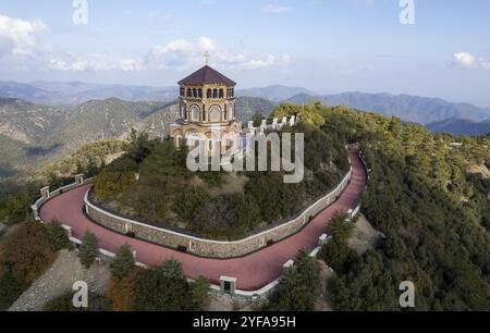 Drone aerial of throni of Panagia Kykkou temple landmark. Cyprus Europe Stock Photo