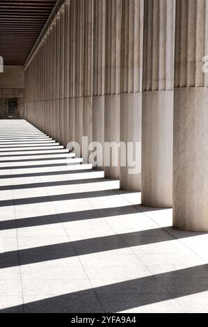 Column details of the famous Stoa of Attalos historical monument in the Ancient Agora below the Acropolis hill Athens Greece Stock Photo