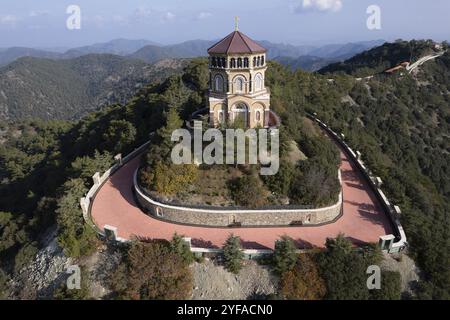 Drone aerial of throni of Panagia Kykkou temple landmark. Cyprus Europe Stock Photo