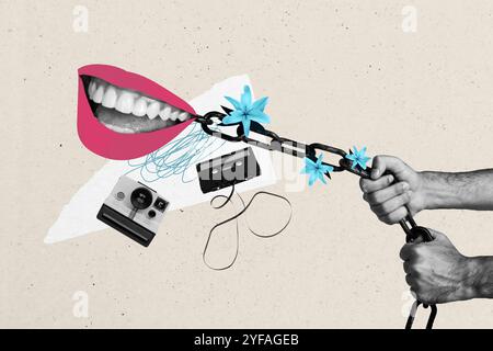 Composite photo collage of hands pull chain flower bloom mouth faceless smile bullying retro cassette camera isolated on painted background Stock Photo