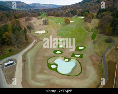 Aerial view of Taymouth Castle and golf course in Kenmore closed during redevelopment and reconstruction. Stock Photo