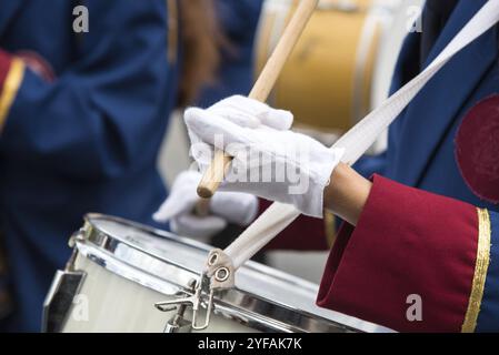 Teenage Students in Uniform playing drums during a parade for the celebrations of ochi day in Nicosia, Cyprus, Europe Stock Photo