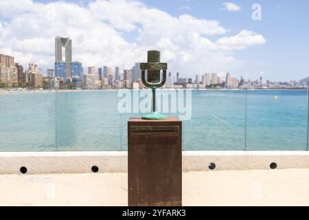 Benidorm Spain, 20th May 2024: Photo of the Benidorm Fest trophy located by the beach in Benidorm in Spain celebrating The Benidorm Festival with the Stock Photo