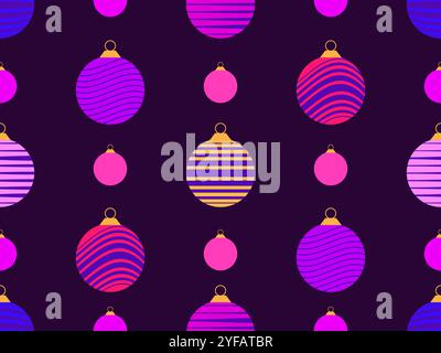Seamless pattern with Christmas balls with striped pattern. Christmas ornaments, each decoration is decorated with stripes. Xmas design for wrappers, Stock Vector