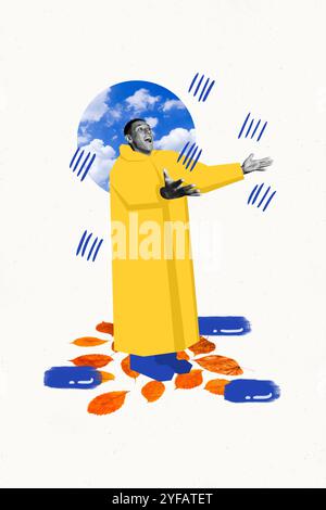 Vertical abstract artwork collage of laughing positive funny young man catch drops autumn outdoors raining isolated on white background Stock Photo