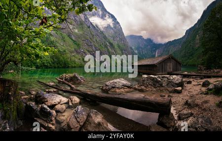 Boat house at Obersee in Berchtesgaden in summer evening Stock Photo