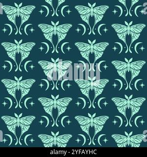 Monochrome seamless pattern with celestial luna moth and paisley motif Stock Vector