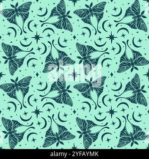 Monochrome seamless pattern with celestial luna moth and paisley motif Stock Vector