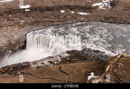 Aerial view of the Dettifoss Waterfall in Jokulsarglijufur National Park in Iceland.. Most powerful waterfall in Europe Stock Photo