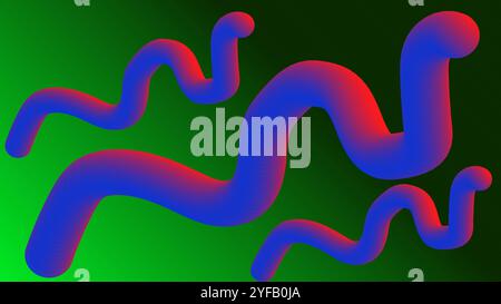Three wavy objects like snake with pink blue gradient on green gradient background Stock Vector