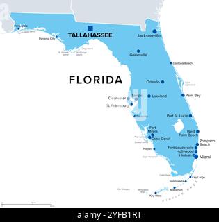 Florida, U.S. state, political map. State in the southeastern region of the United States with capital Tallahassee and largest cities. Stock Photo