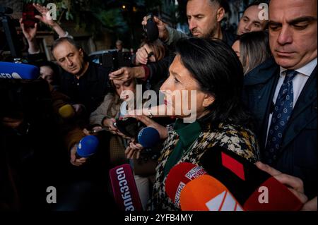 President of the republic of Gerogia Salome Zourabichvili talking to the press afet voting at the October 2024 elections. Stock Photo