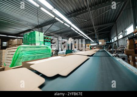 A worker in an industrial warehouse, surrounded by cardboard and wrapped materials, preparing for packaging Stock Photo