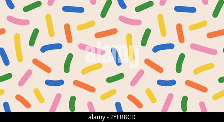 Fun abstract background with colorful confetti or sugar sprinkles. Playful festive backdrop with doodles and scribbles element. Pop art style texture Stock Vector