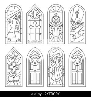 Stained glass outline patterns. Arched windows. Religious buildings elements. Mosaic biblical story. Christian frames. Orthodoxy chapel. Christianity Stock Vector