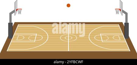 Basketball field court floor with hoop and ball complete set. Vector illustration isolated on white background. Stock Vector