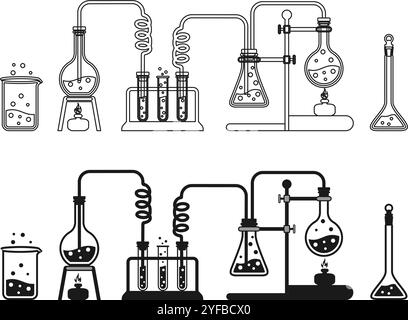 chemical laboratory experiment set vector illustration isolated on white background. Stock Vector