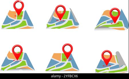 curved map with pin location icon set vector illustration isolated on white background. Stock Vector
