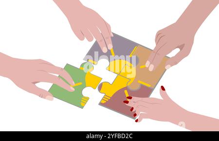 four human hands putting together a puzzle with a light bulb idea icon. teamwork and problem solving concept. vector illustration isolated on white Stock Vector