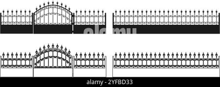 metal spears fence with gate. vector illustration isolated on white background. Stock Vector