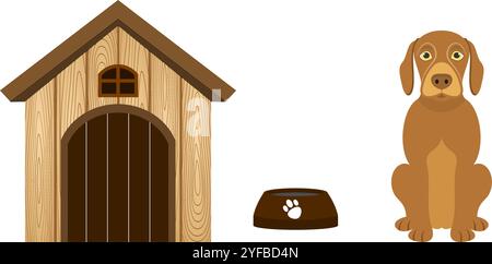 pet dog and wooden dog house set vector illustration isolated on white background. Stock Vector